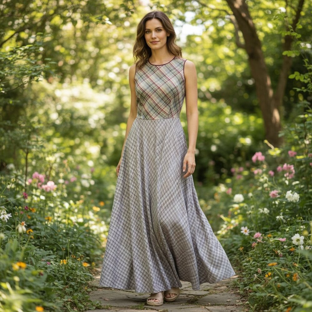 VTG K Studio Linen Blend Cottagecore Sleeveless Maxi Dress Sz 8 Plaids #257E